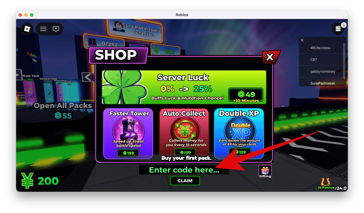 Enter your anime card collection code in the code field