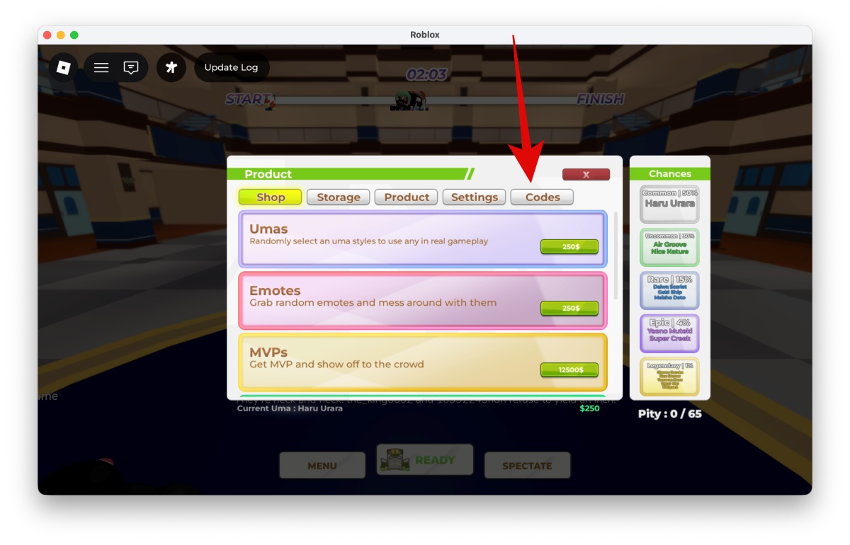 Roblox Uma Racing Codes (April 2026) 3 Select the Codes tab at the top