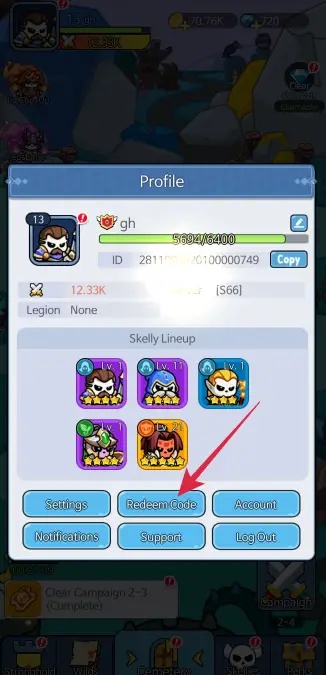 Select the Redeem Code option from the menu