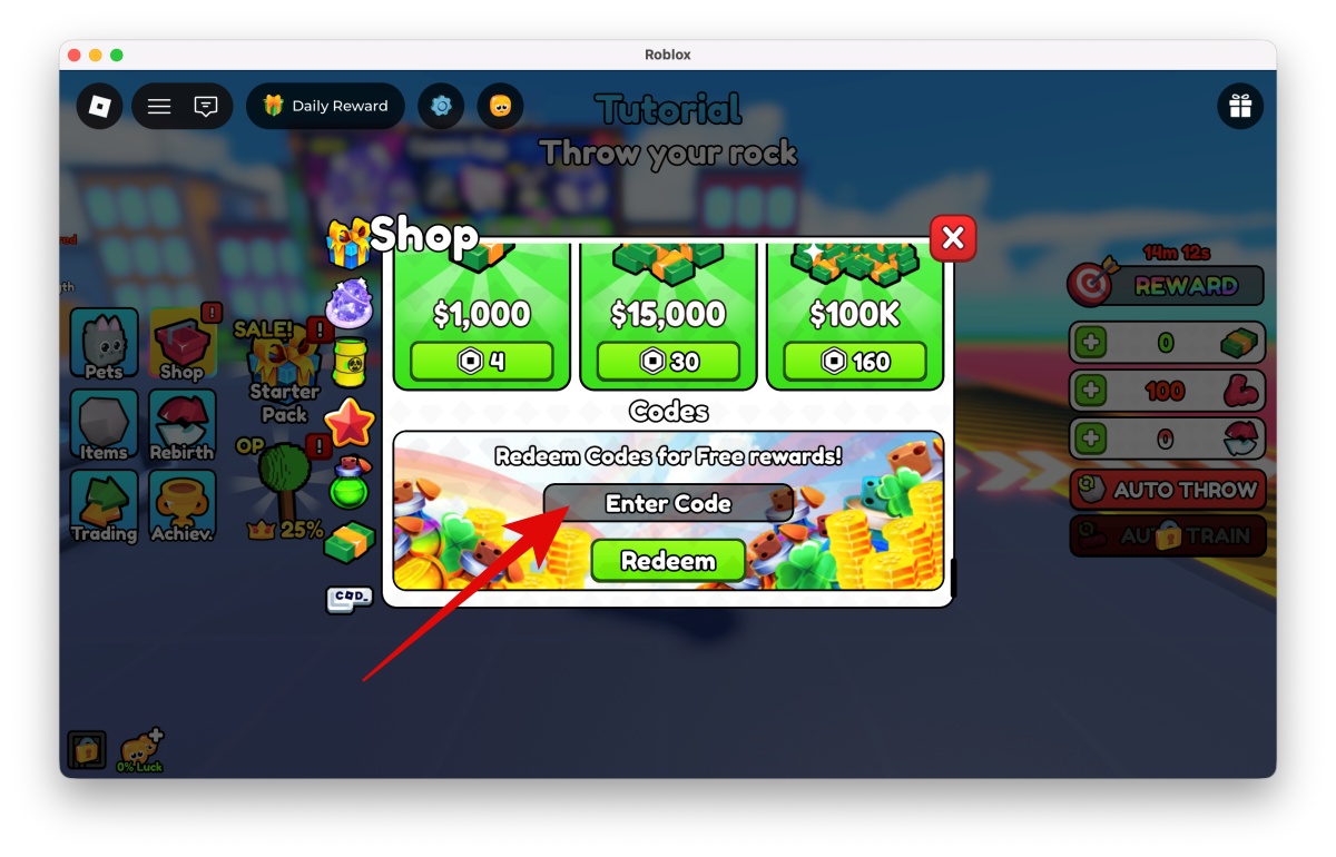 Throwing Simulator Codes (April 2026) 3 Type a working Throwing Simulator code into the Enter Code box