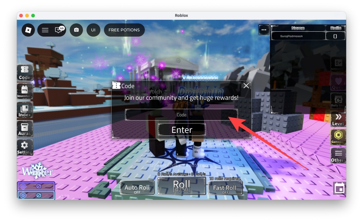 Type or paste one of the working Hot's RNG codes into the text field
