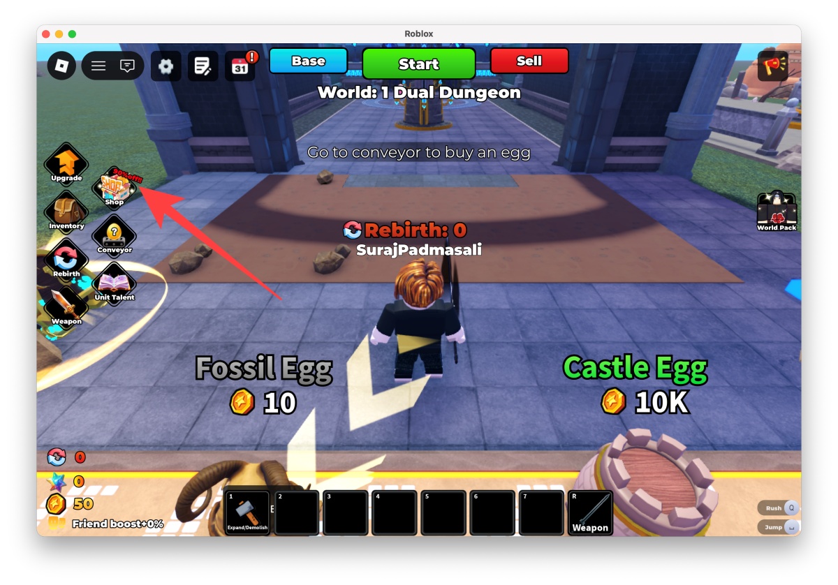 Click the Shop button on the right side of your screen