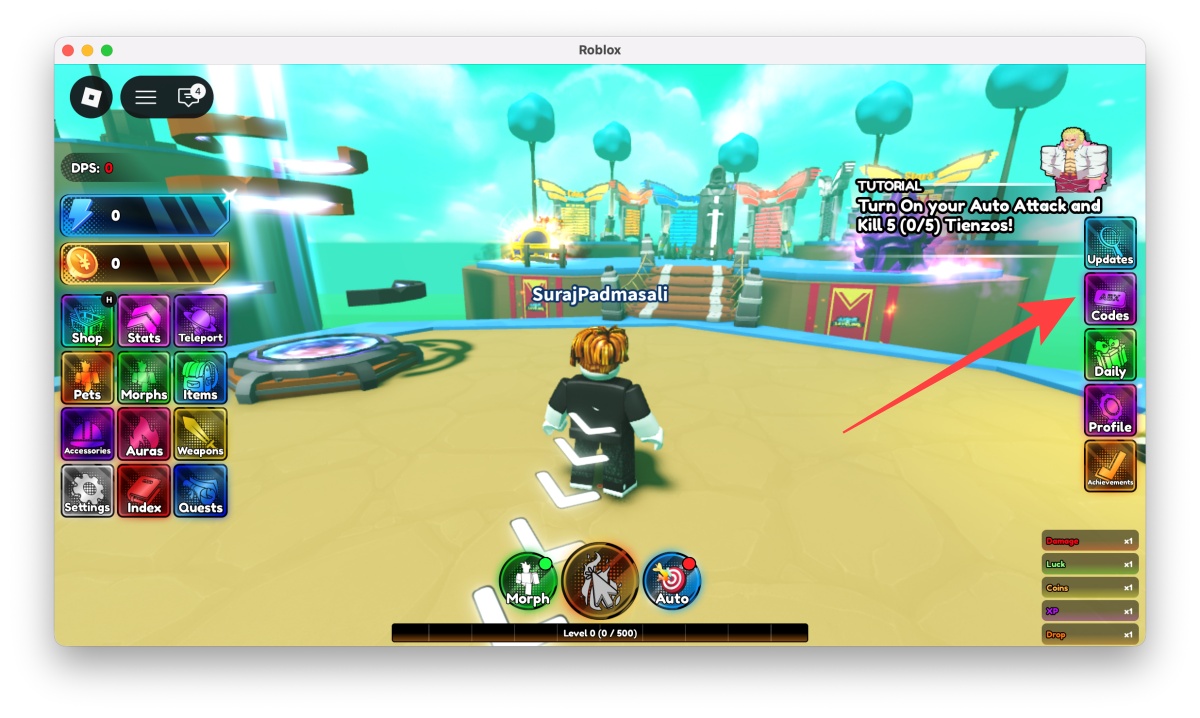 Look for the Codes button on the right side of your screen and click it