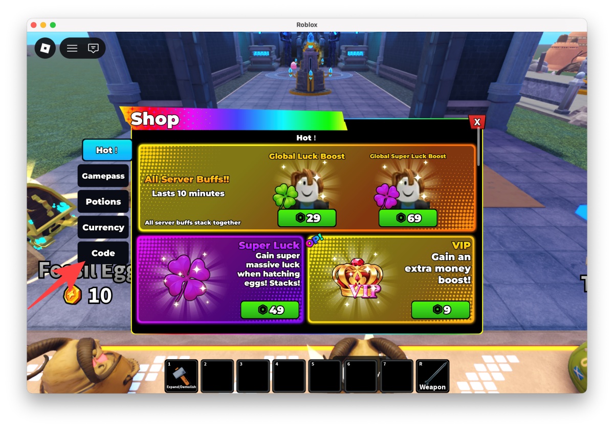 Select the Code option from the menu