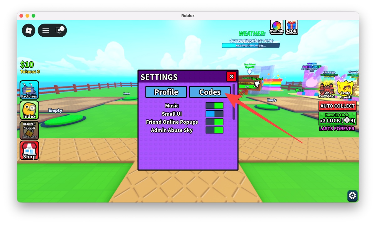 Unbox a Factory Codes (April 2026) 3 Select the Codes option from the menu