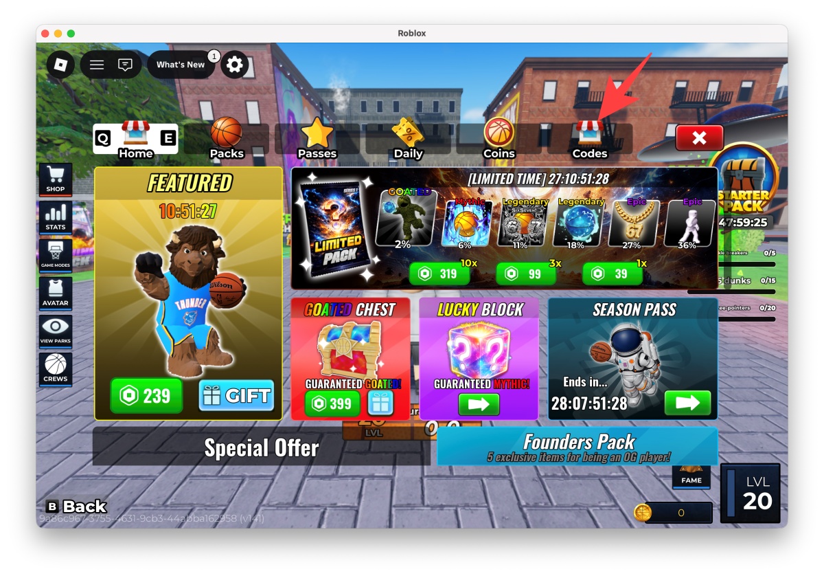 Select the Codes tab inside the Shop